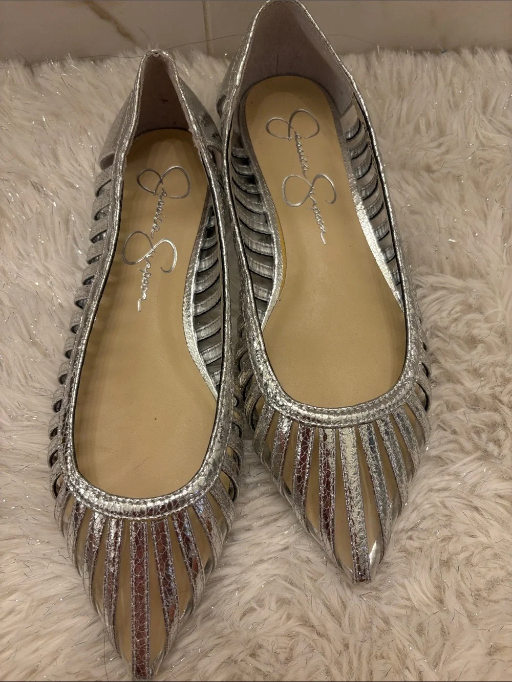 Jessica Simpson Silver Metallic Cutout Pointed Toe Flats
